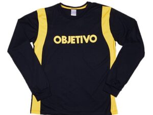 Camiseta azul com recorte amarelo manga longa
